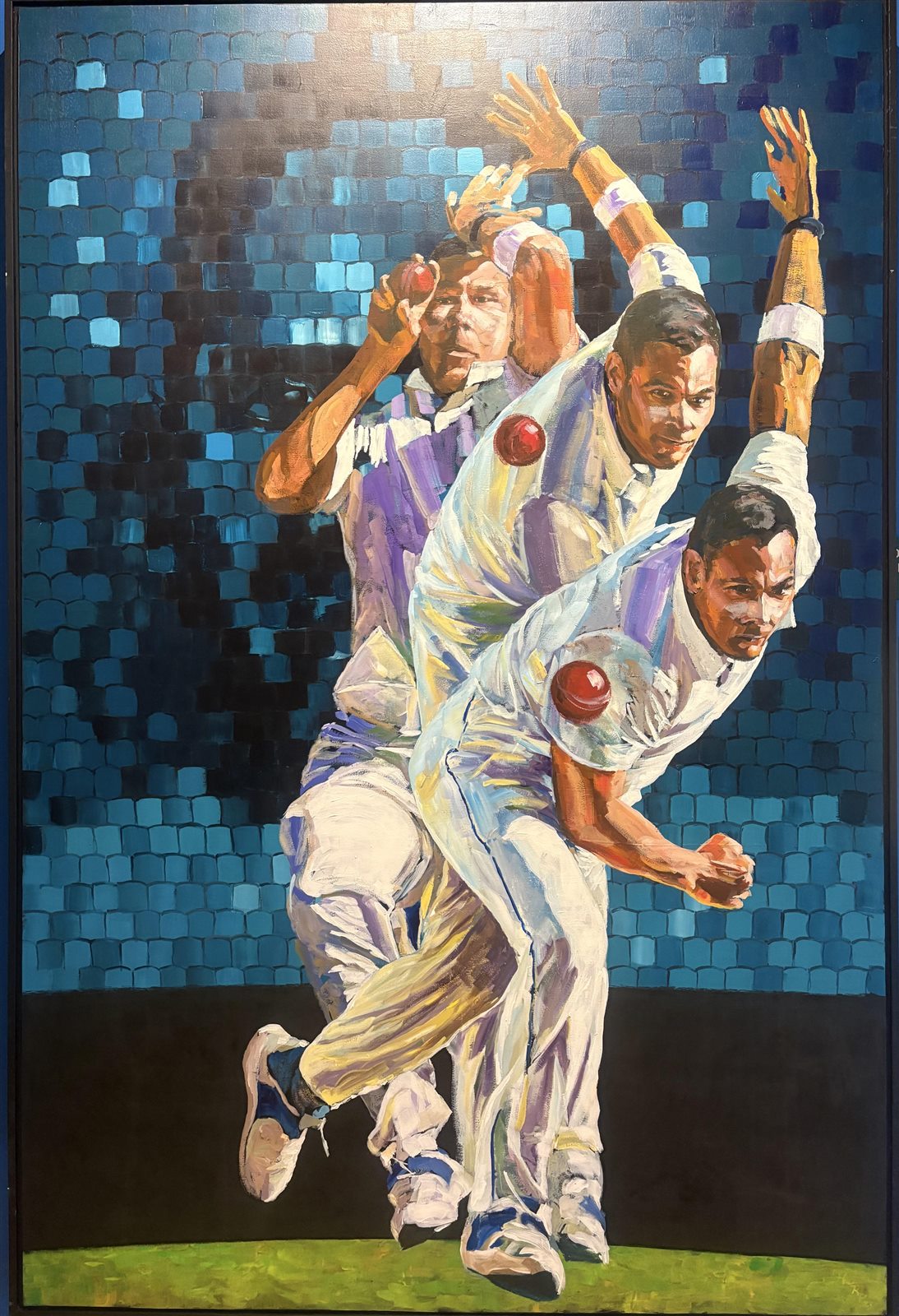 An original portrait of cricketer Scott Boland in full flight, in bold, mosaic-like brushwork, by artist Ron &lsquo;Stretch&rsquo; Penrose.