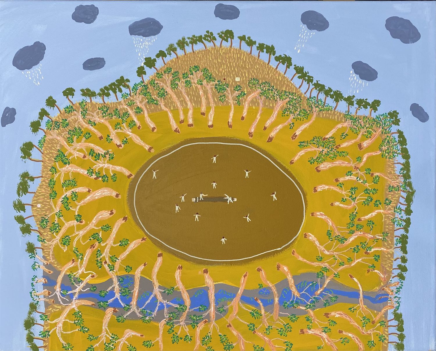 The Longest Six, a painting of a match on the oval seen from above, by Wayne Elliott
