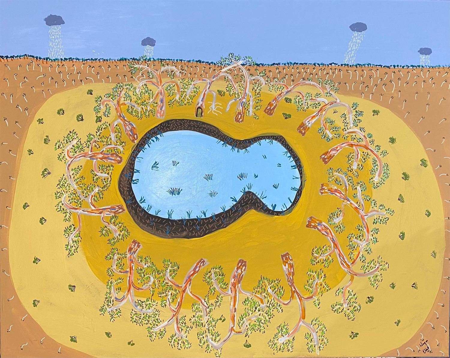 Johnny Mullagh's Lounge Room, a painting of the waterhole on Country, by Wayne Elliott