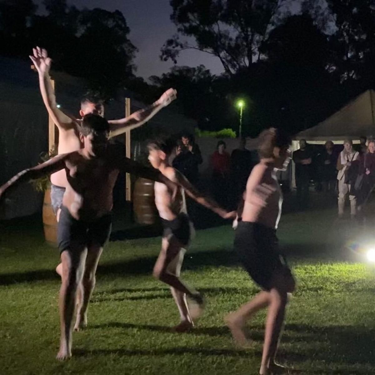 The Fighting Gunditjmara dancers performing at the Black Cockatoo evening, Johnny Mullagh Oval, 2 April 2022