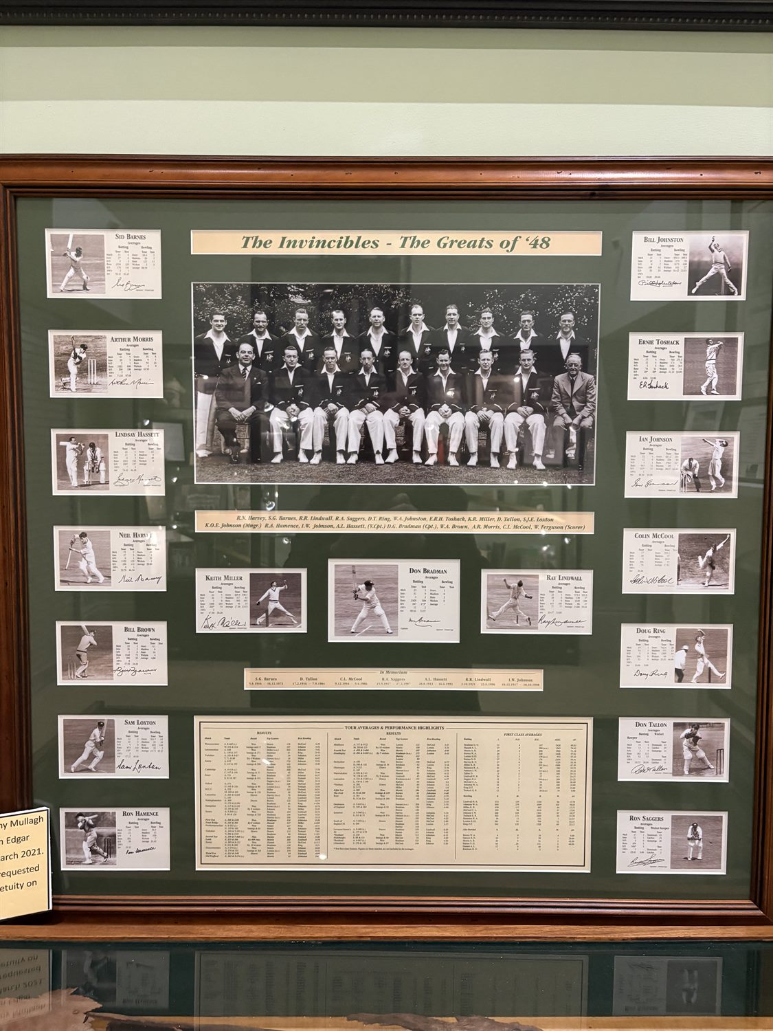 A framed display of The Invincibles, Bradman's undefeated 1948 Australian team