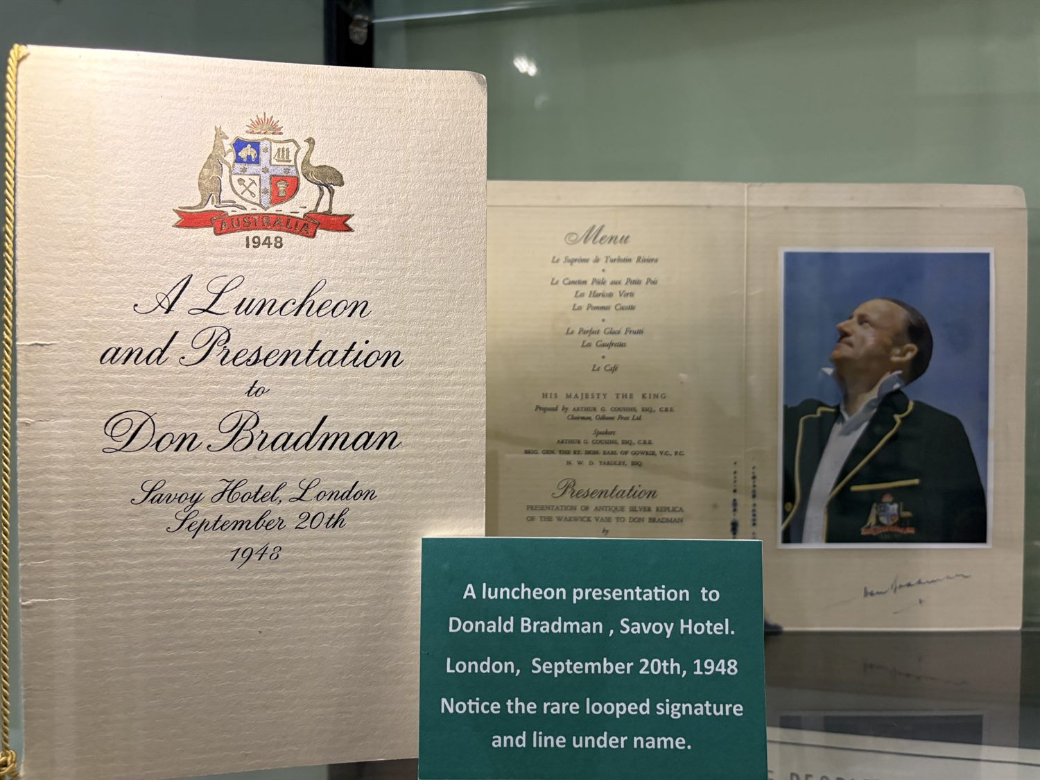 A menu from a 1948 luncheon and presentation to Don Bradman at the Savoy Hotel, London, bearing his signature