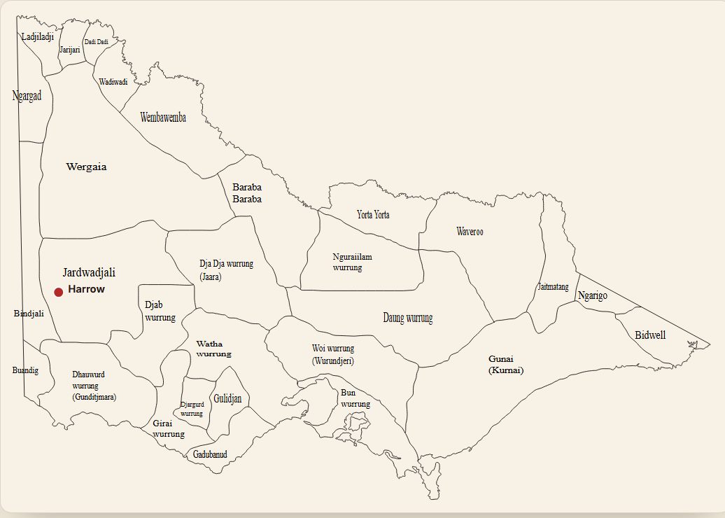 Map of the Aboriginal nations of Victoria, with the Country of the 1868 First XI highlighted around Harrow
