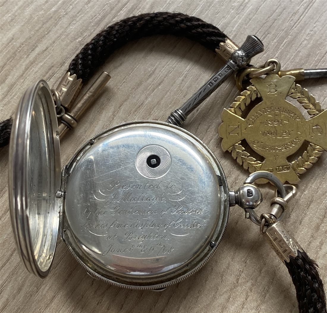 The silver fob watch and chain presented to Johnny Mullagh by the Gentlemen of Sussex in 1868