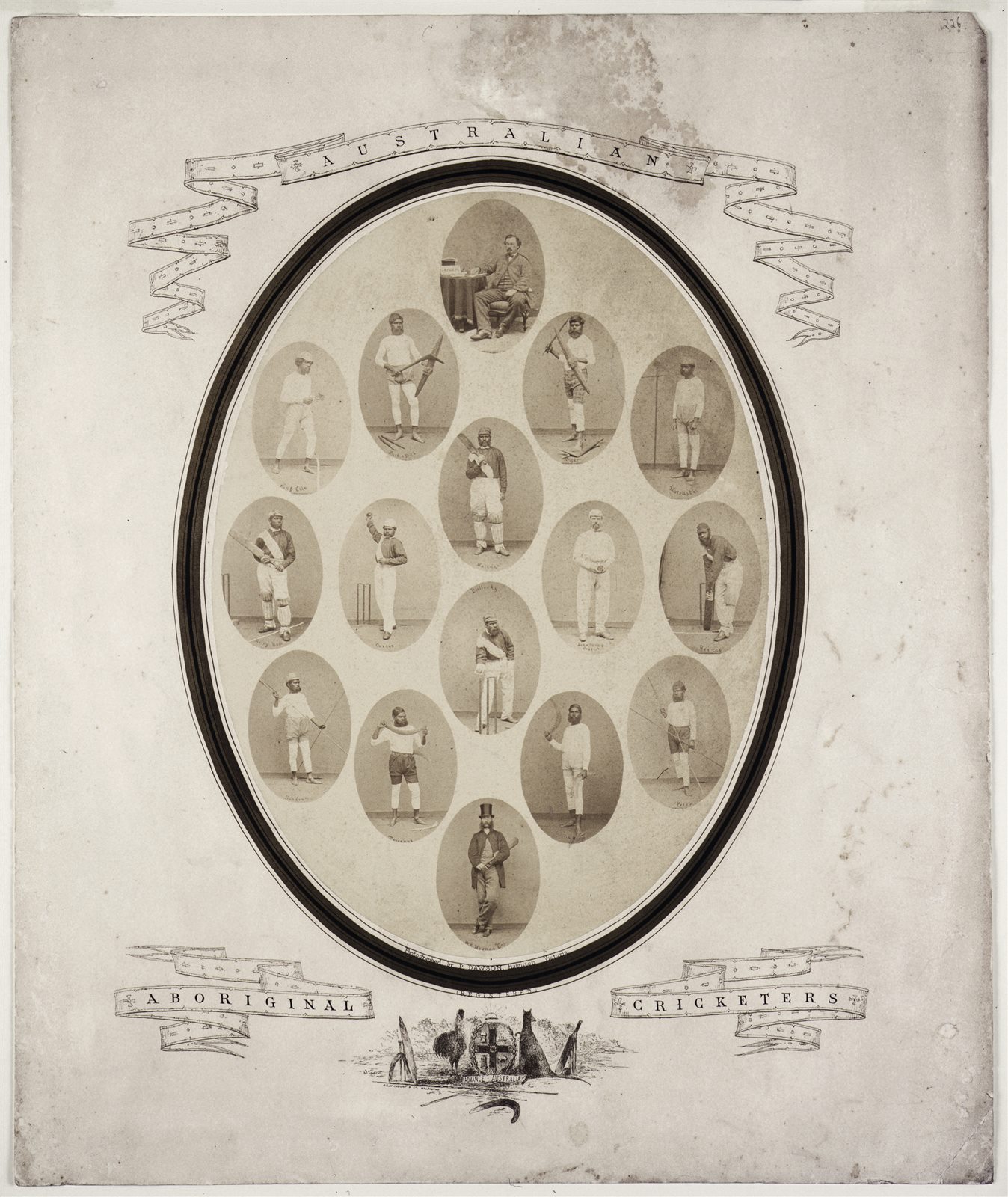 Australian Aboriginal Cricketers, 1867: a composite of oval portraits of the team, several holding cricket bats and stumps, others with boomerangs, spears, clubs and shields, beneath banners reading Australian Aboriginal Cricketers.