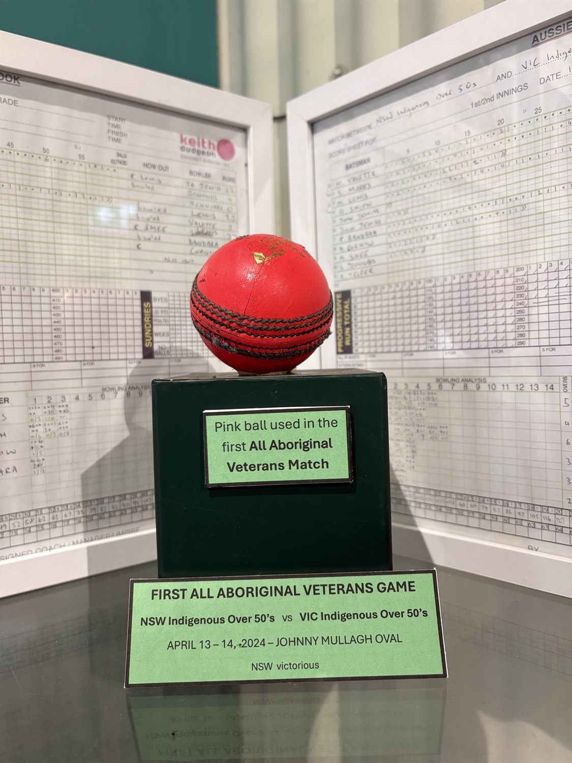 The pink ball used in the first All Aboriginal Veterans Match at Johnny Mullagh Oval in 2024